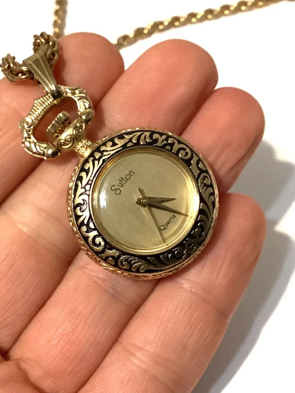 Vintage Pocket Watch, Unique Long Chain Gold Tone, WORKS! Victorian Retro